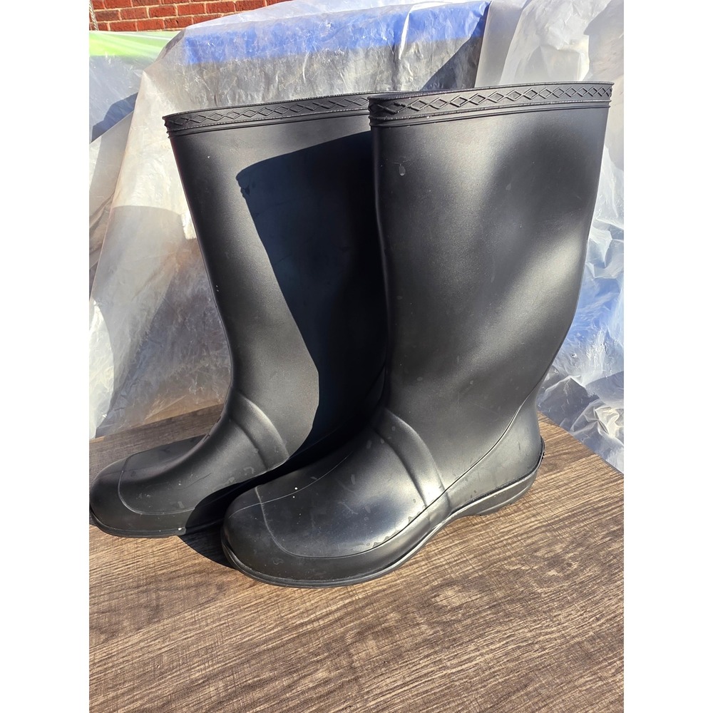 1182 Black Rubber Rain Boots Waterproof Mid Calf Lug Sole Matte Size 9